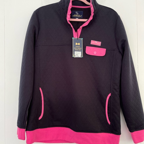 NEW Simply Southern Navy Pink Quilted 1/4 Snap Pullover Sweatshirt Jacket Medium - Picture 7 of 10
